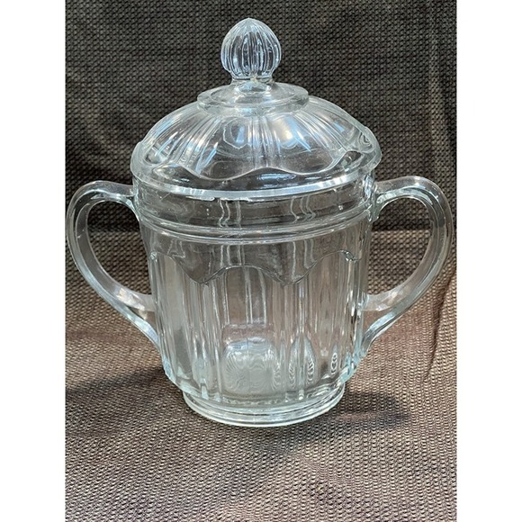Hazel Atlas Clear Glass 2 Handle Sugar Bowl w/Lid ~ Vintage 1930s (1656) - Picture 2 of 8